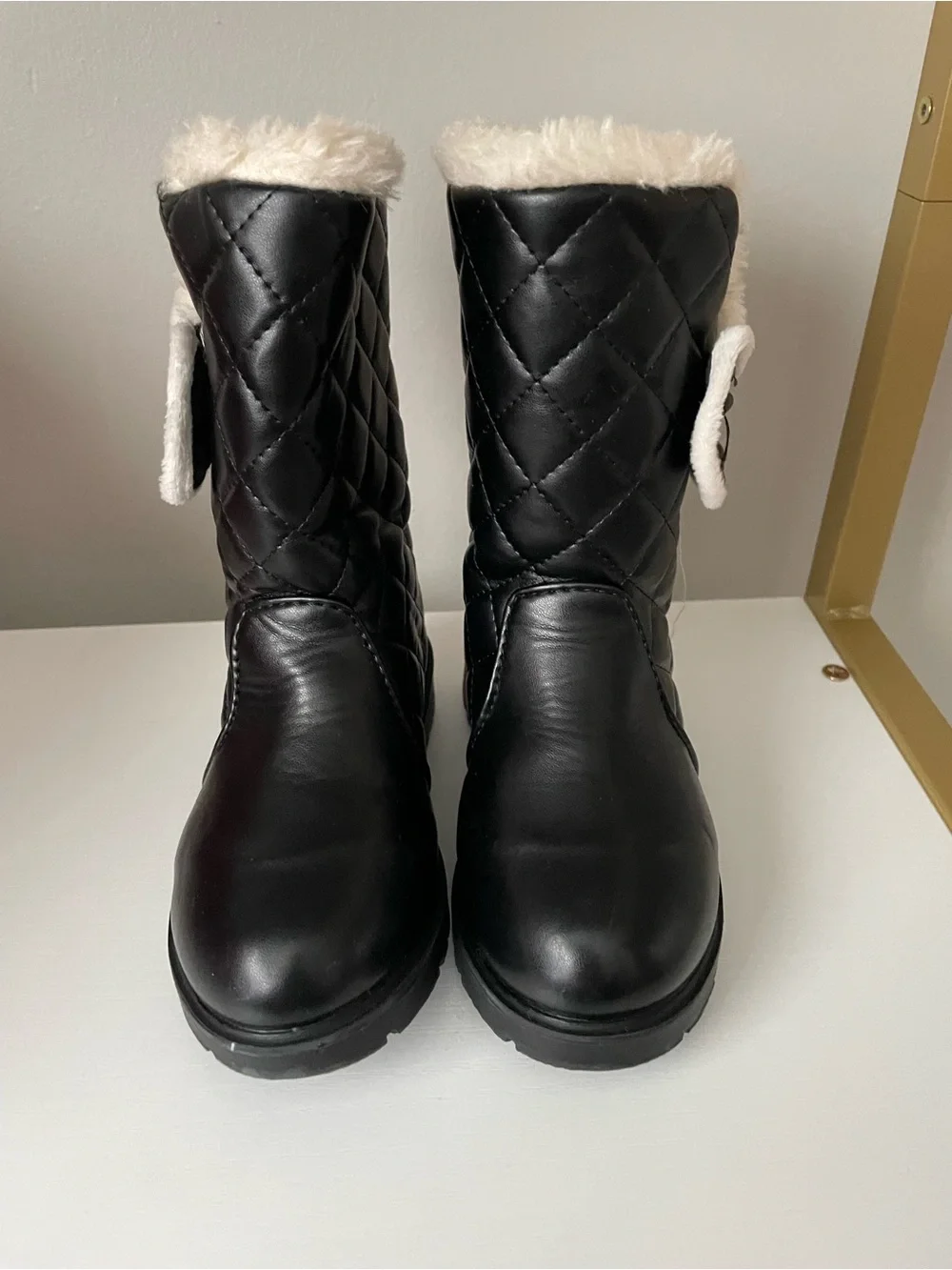 Black Quilted Faux Leather Winter Boots for Toddler Girls 1-3Y